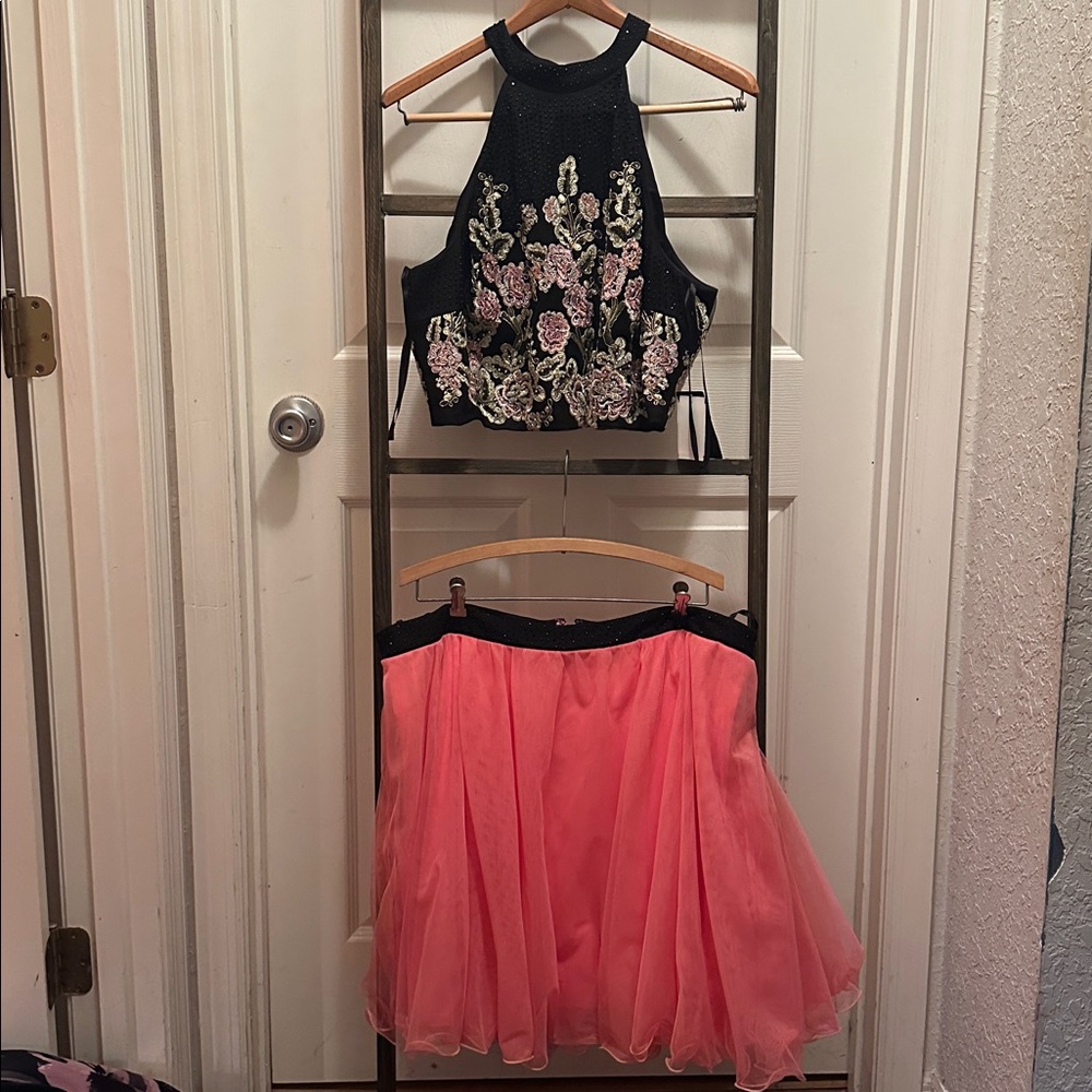 Homecoming Dress Jodi Kristopher Black and Pink Floral Skirt Set